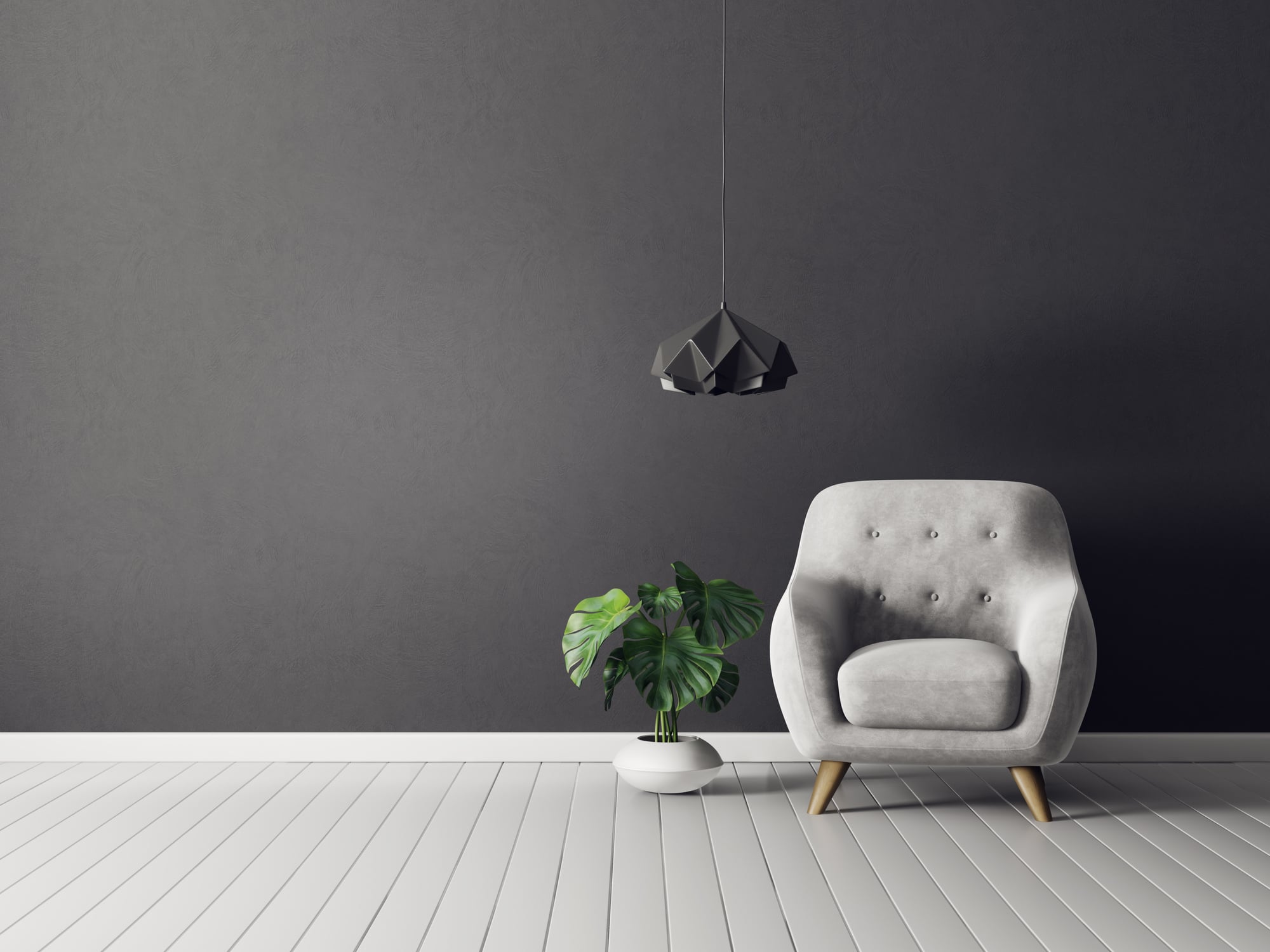 Gray Chair with Indoor Plant and Lamp